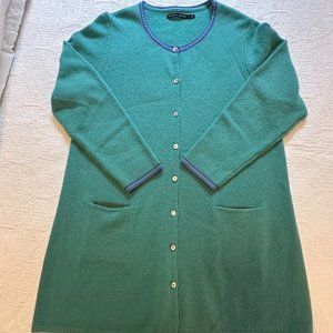 Gudrun Sjõdén turquoise and periwinkle long wool cardigan and scarf